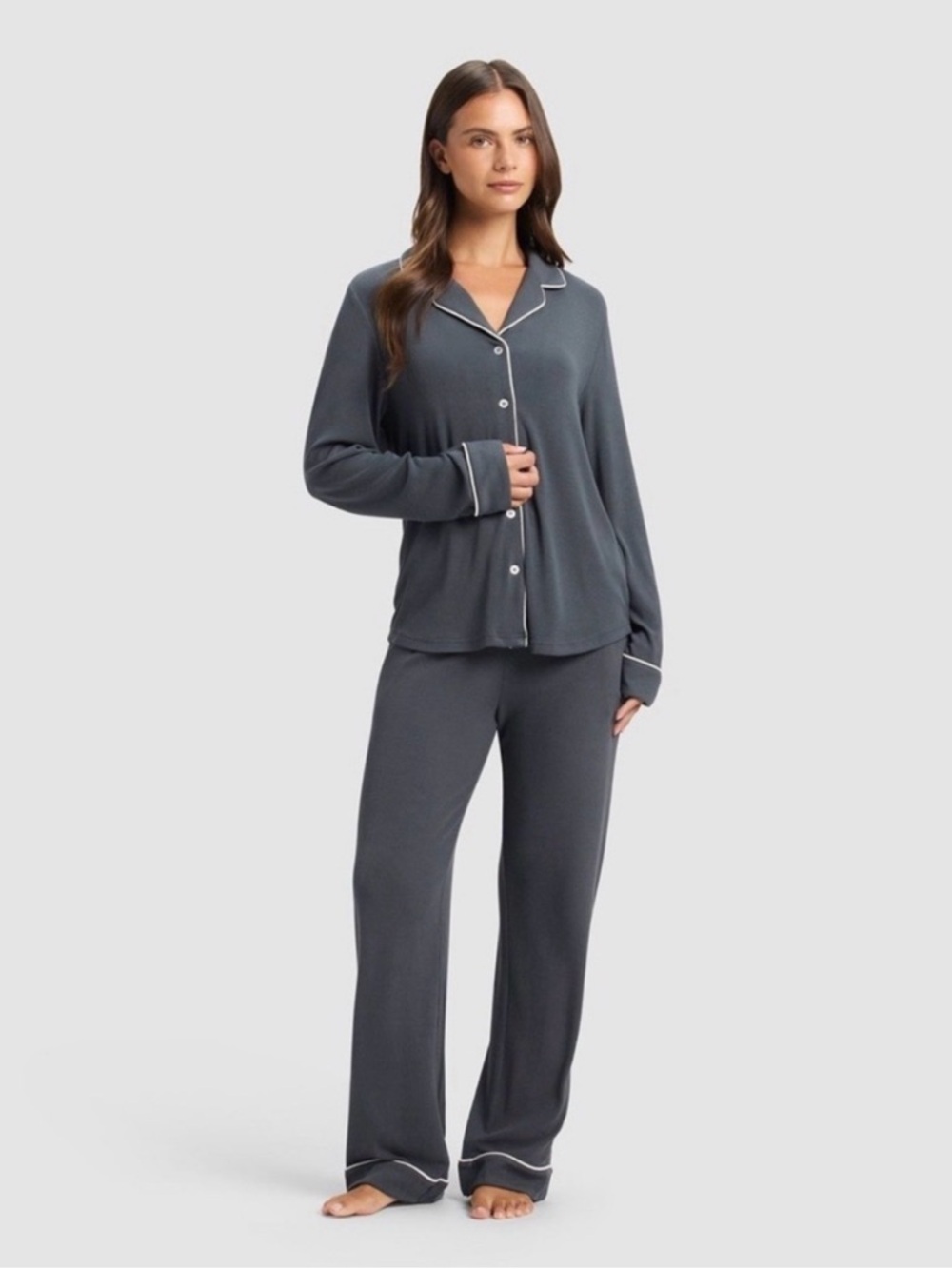 Women's Bamboo Rib-Knit Classic Long Sleeve Pajama Set Gray Size Small